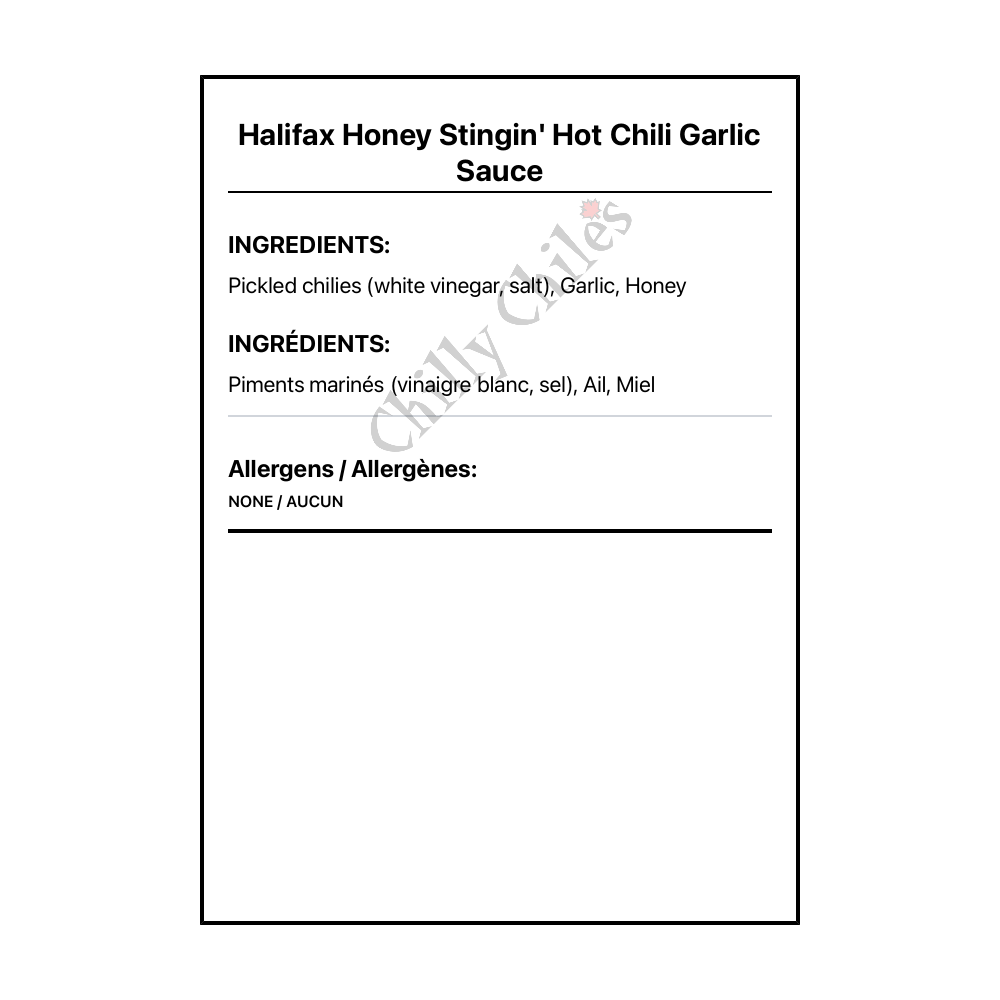 Halifax Honey Stingin' Hot Chili Garlic Sauce - Bilingual Ingredients