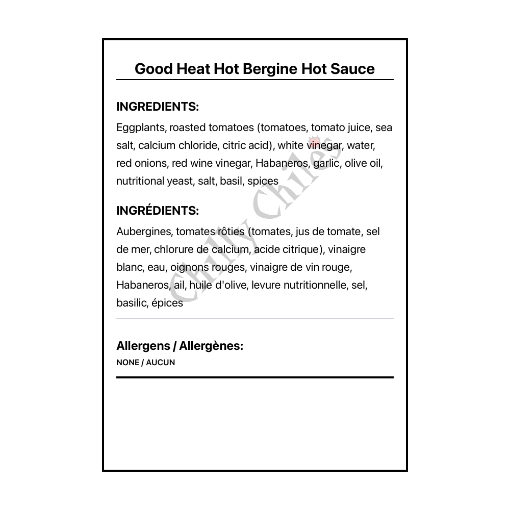 Good Heat Hot Bergine Hot Sauce - Bilingual Ingredients
