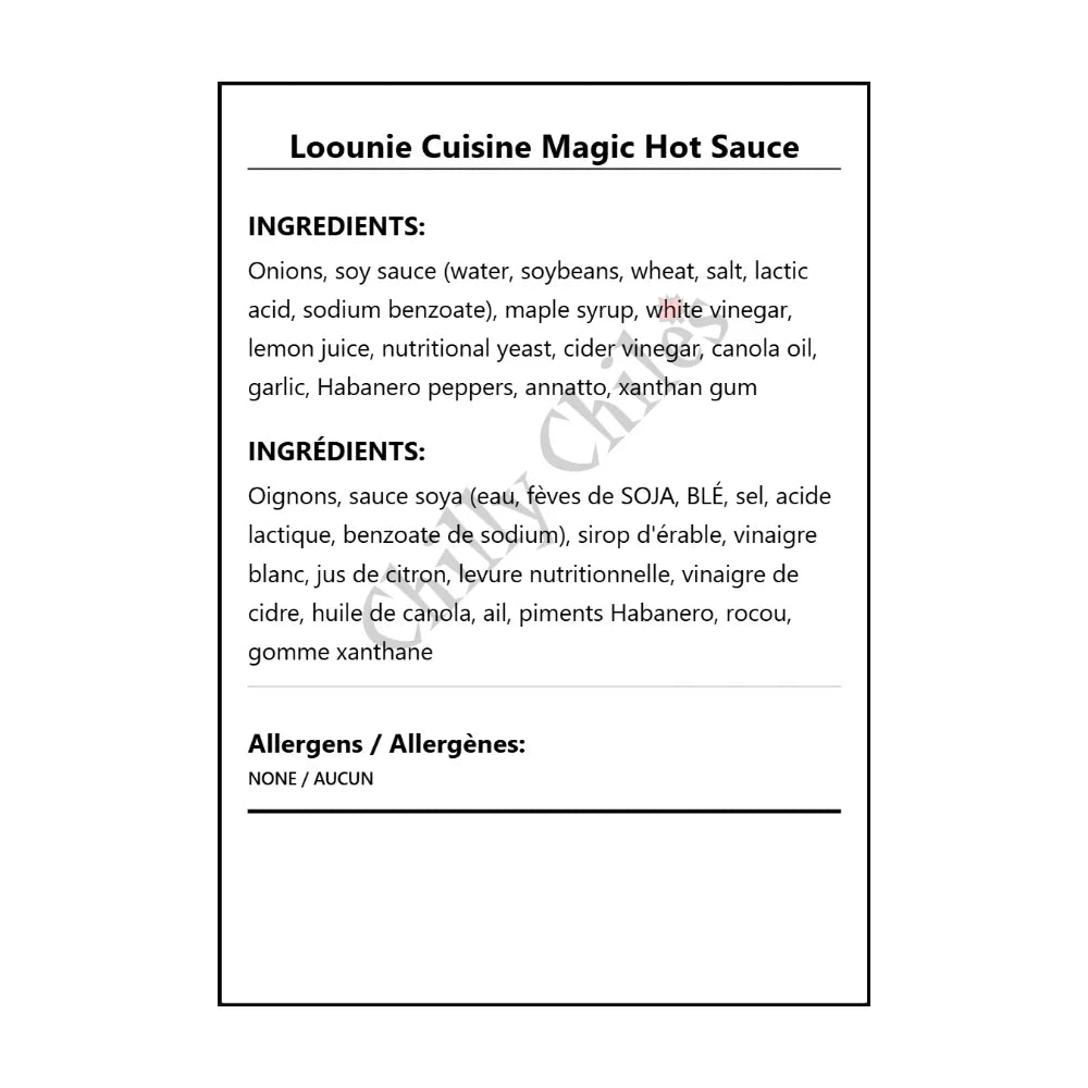 Loounie Cuisine Magic Hot Sauce - Bilingual Ingredients