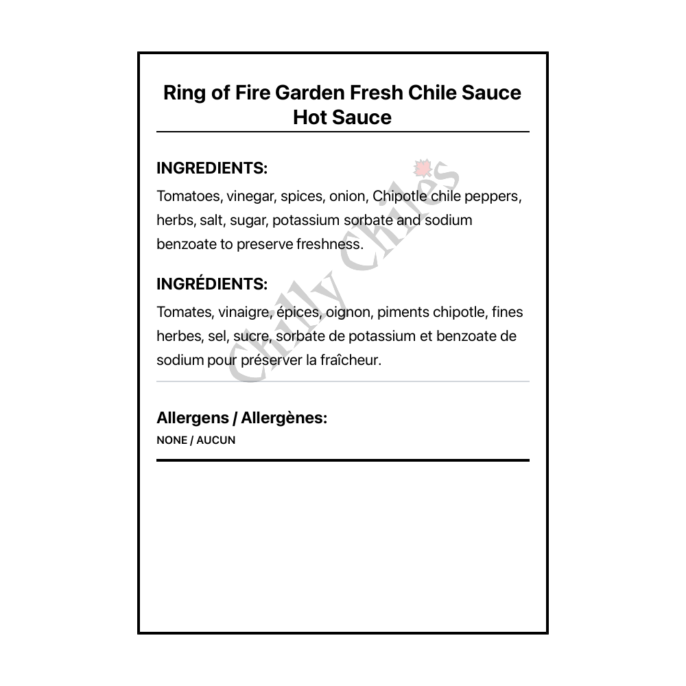 Ring of Fire Garden Fresh Chile Sauce Hot Sauce - Bilingual Ingredients