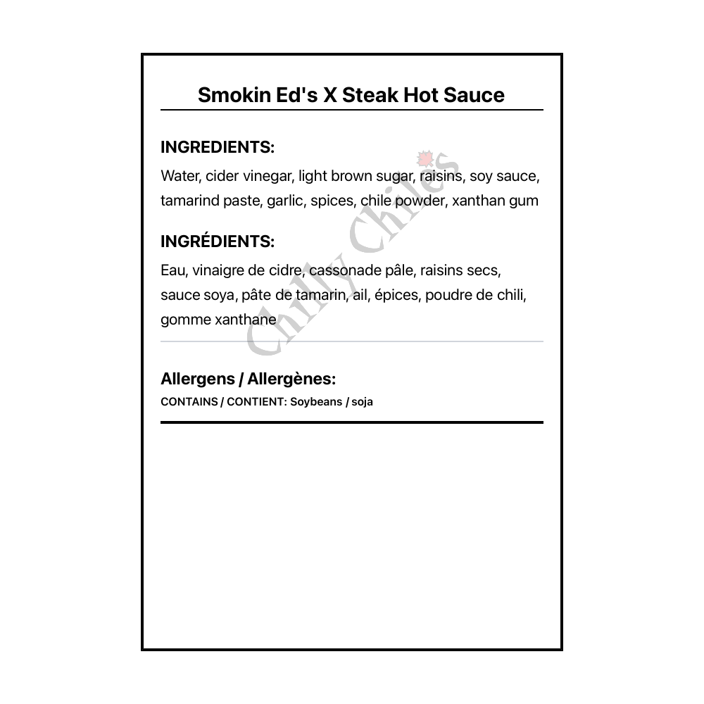 Smokin Ed's X Steak Hot Sauce - Bilingual Ingredients