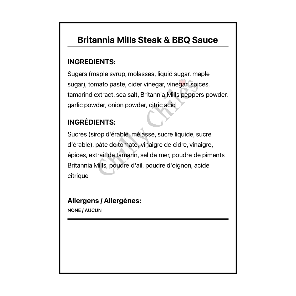 Britannia Mills Steak & BBQ Sauce - Bilingual Ingredients