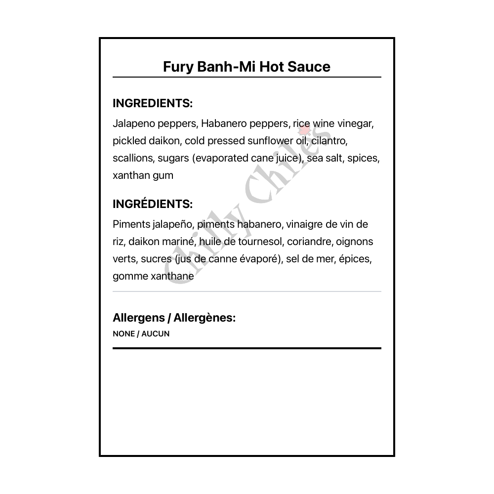 Fury Banh-Mi Hot Sauce - Bilingual Ingredients