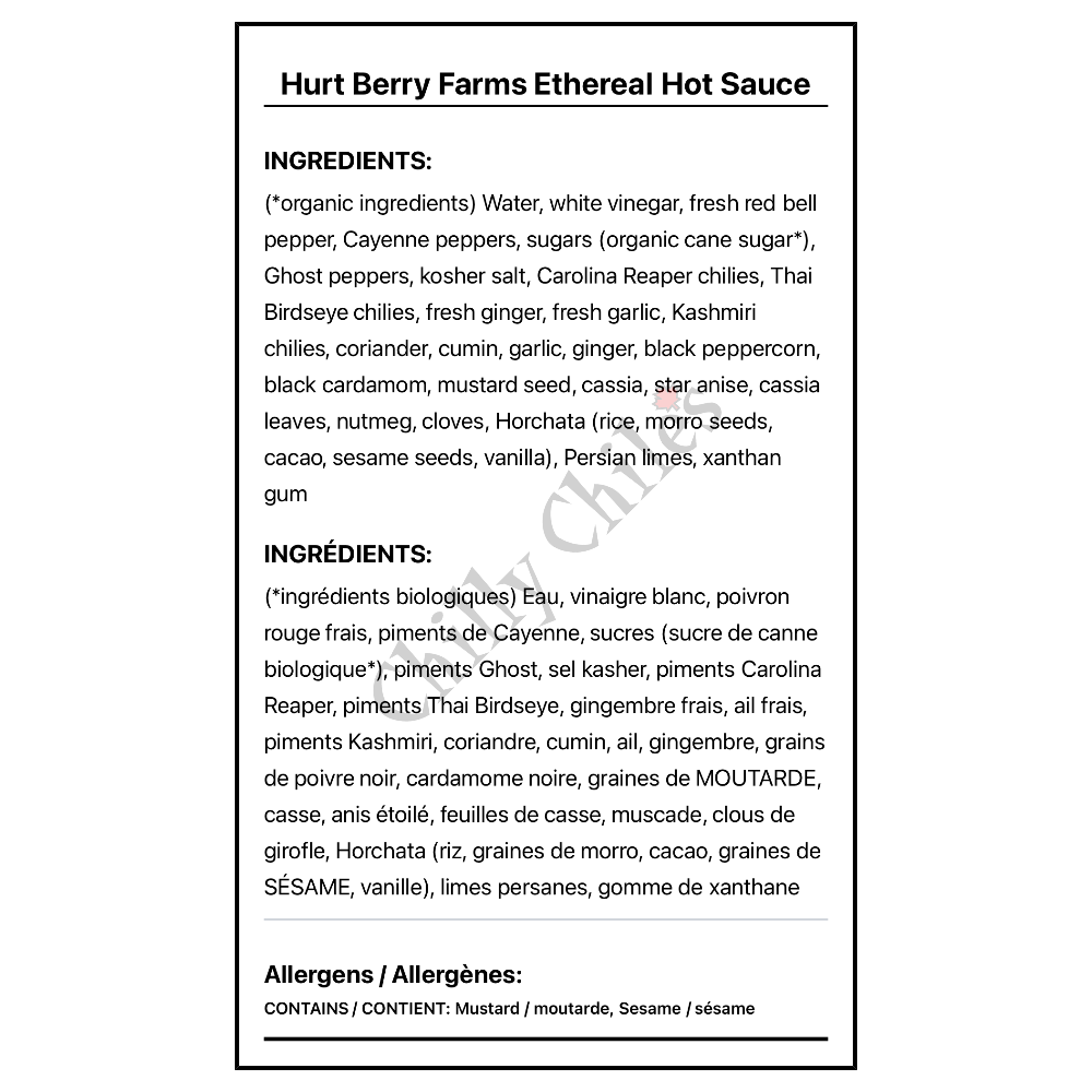 Hurt Berry Farms Ethereal Hot Sauce - Bilingual Ingredients