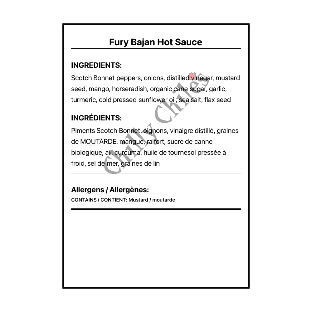 Fury Bajan Hot Sauce - Bilingual Ingredients