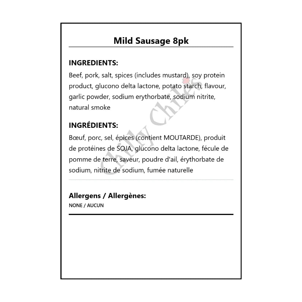 Mild Sausage 8pk - Bilingual Ingredients