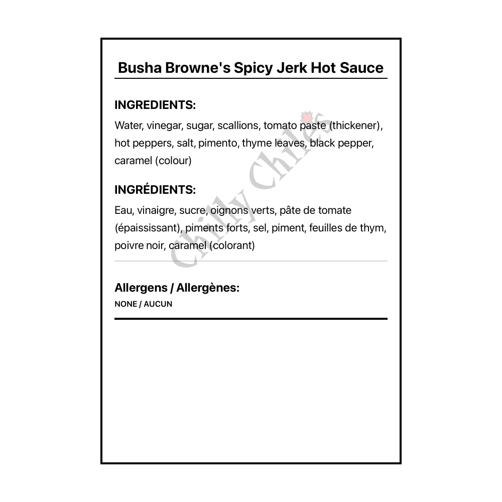 Busha Browne's Spicy Jerk Hot Sauce - Bilingual Ingredients