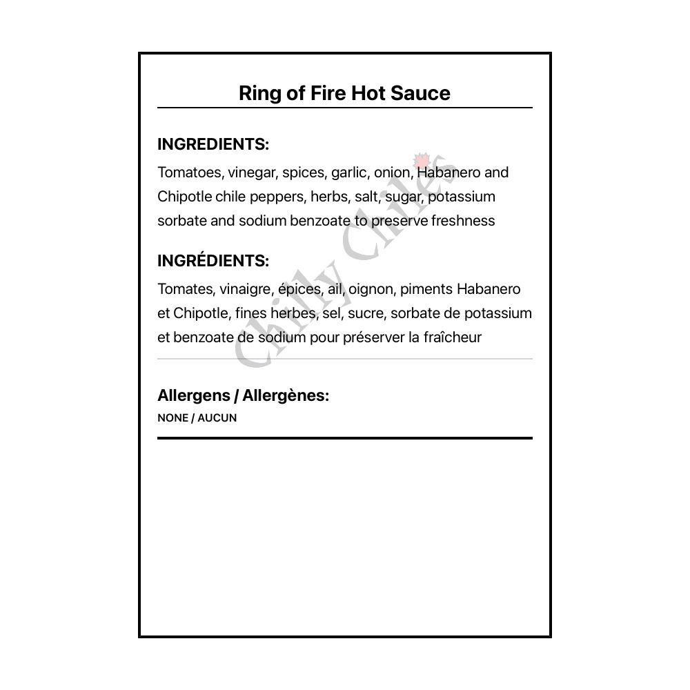Ring of Fire Hot Sauce - Bilingual Ingredients