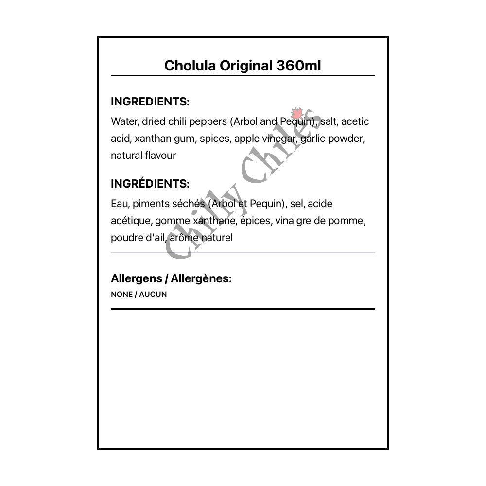 Cholula Original 360ml - Bilingual Ingredients