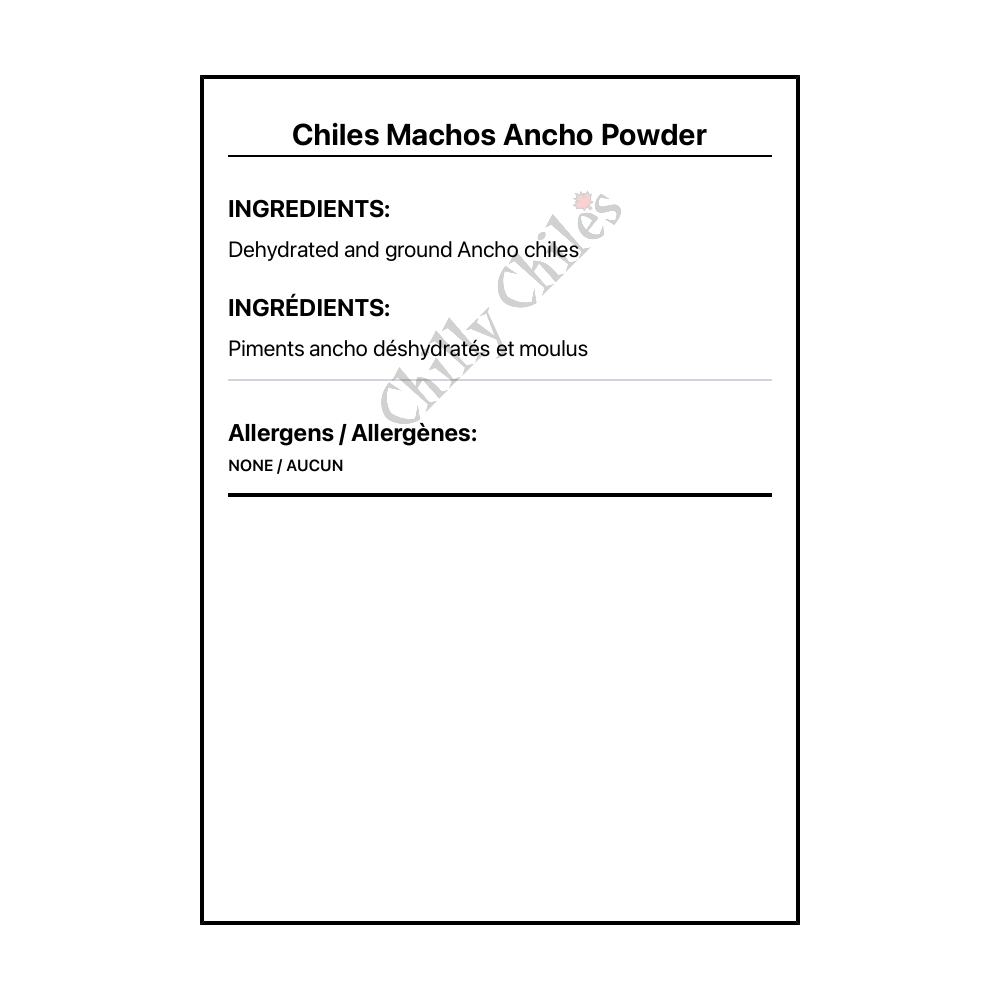 Chiles Machos Ancho Powder - Bilingual Ingredients