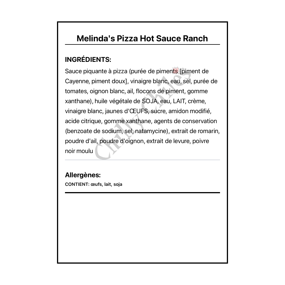 Melinda's Pizza Hot Sauce Ranch - Ingrédients Français
