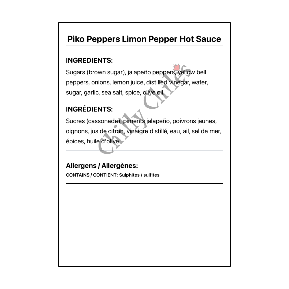 Piko Peppers Limon Pepper Hot Sauce - Bilingual Ingredients