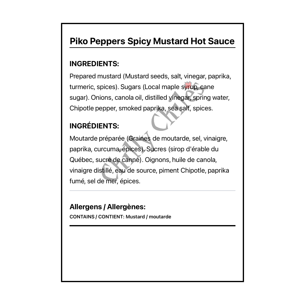 Piko Peppers Spicy Mustard Hot Sauce - Bilingual Ingredients