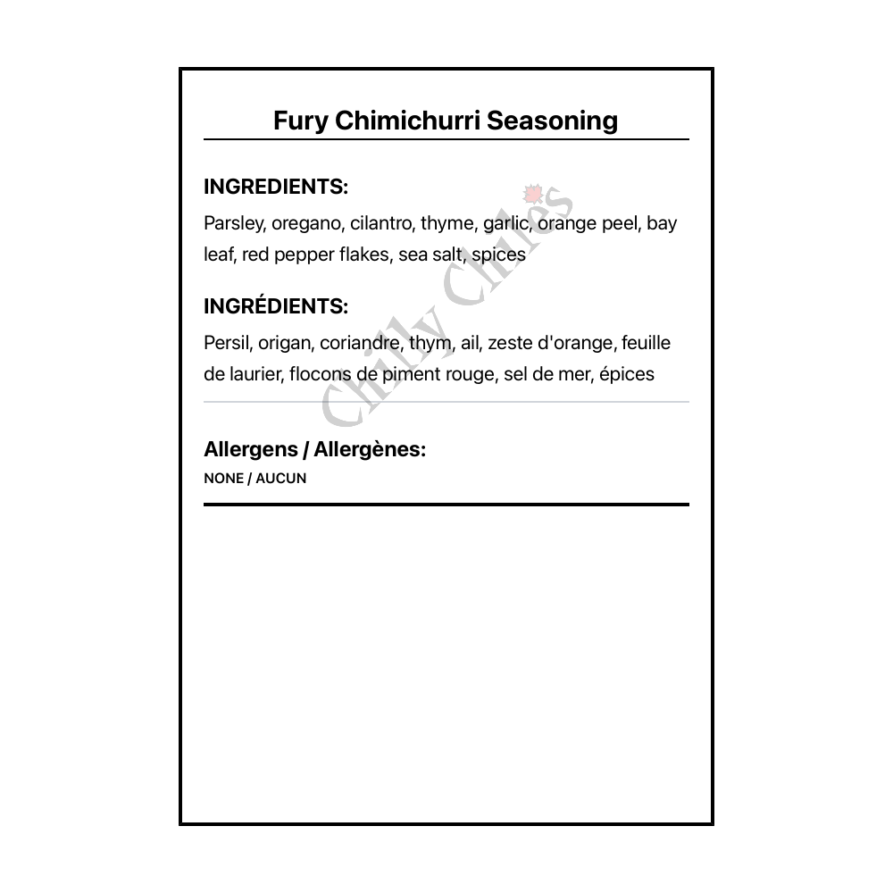 Fury Chimichurri Seasoning - Bilingual Ingredients