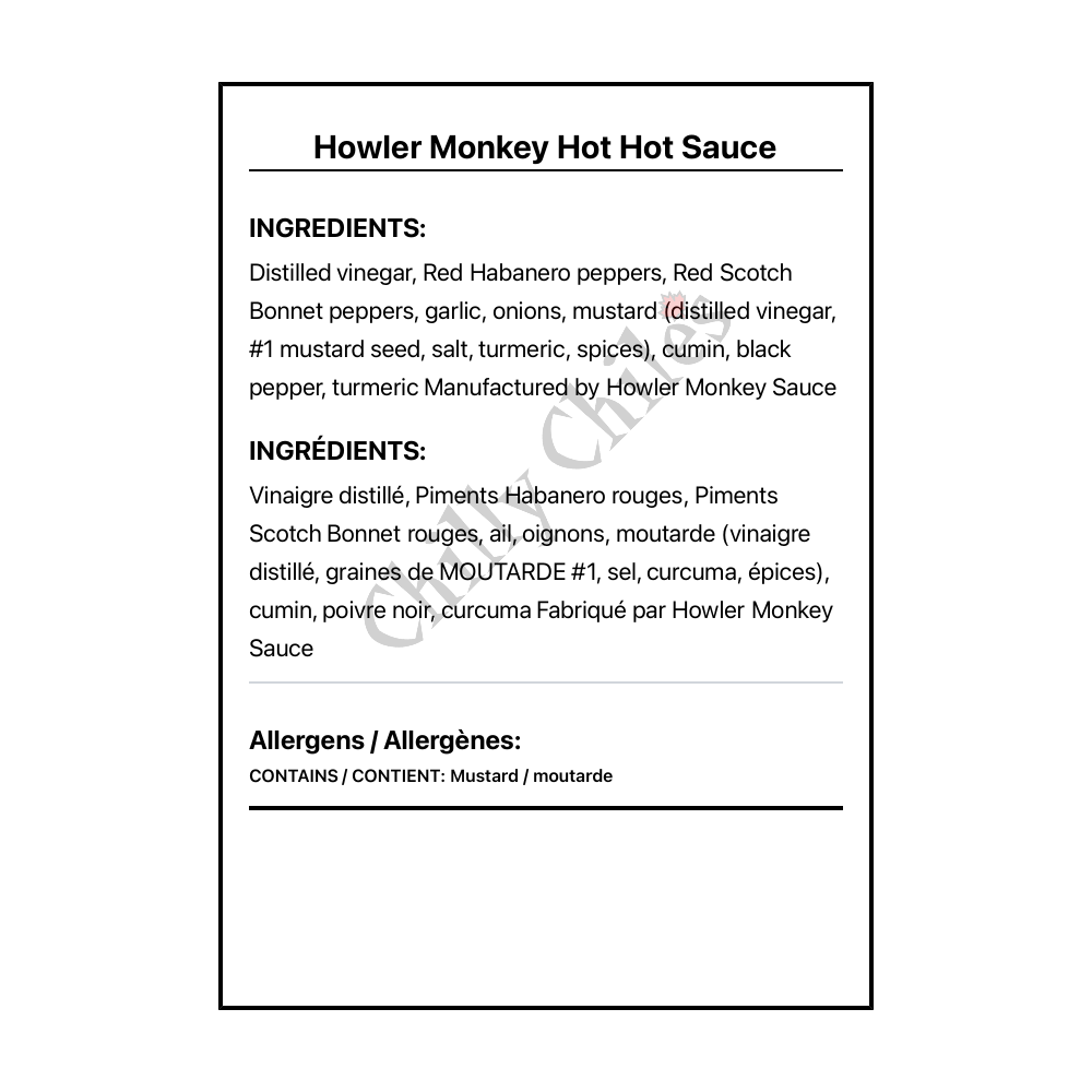 Howler Monkey Hot Hot Sauce - Bilingual Ingredients