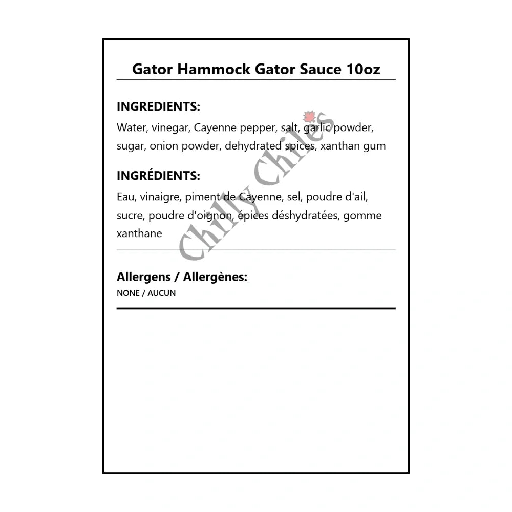Gator Hammock Gator Sauce 10oz - Bilingual Ingredients