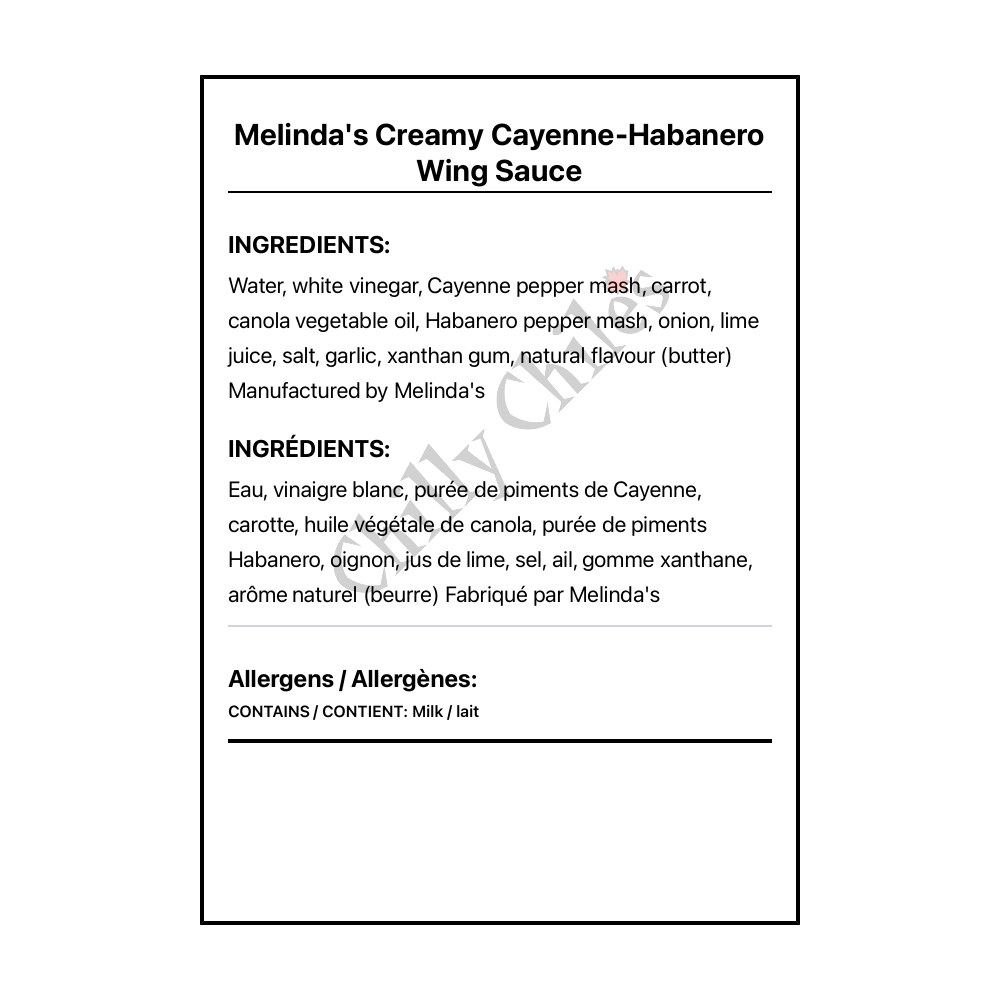 Melinda's Creamy Cayenne-Habanero Wing Sauce - Bilingual Ingredients