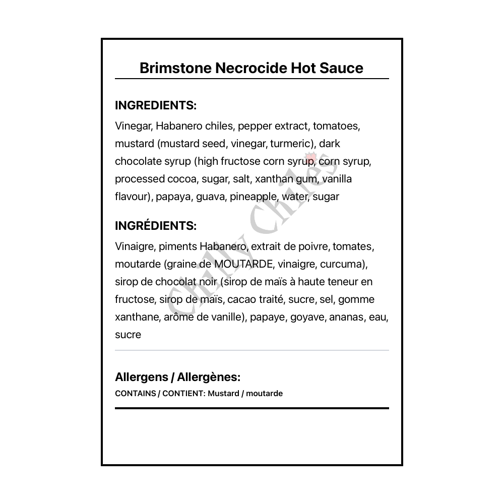 Brimstone Necrocide Hot Sauce - Bilingual Ingredients