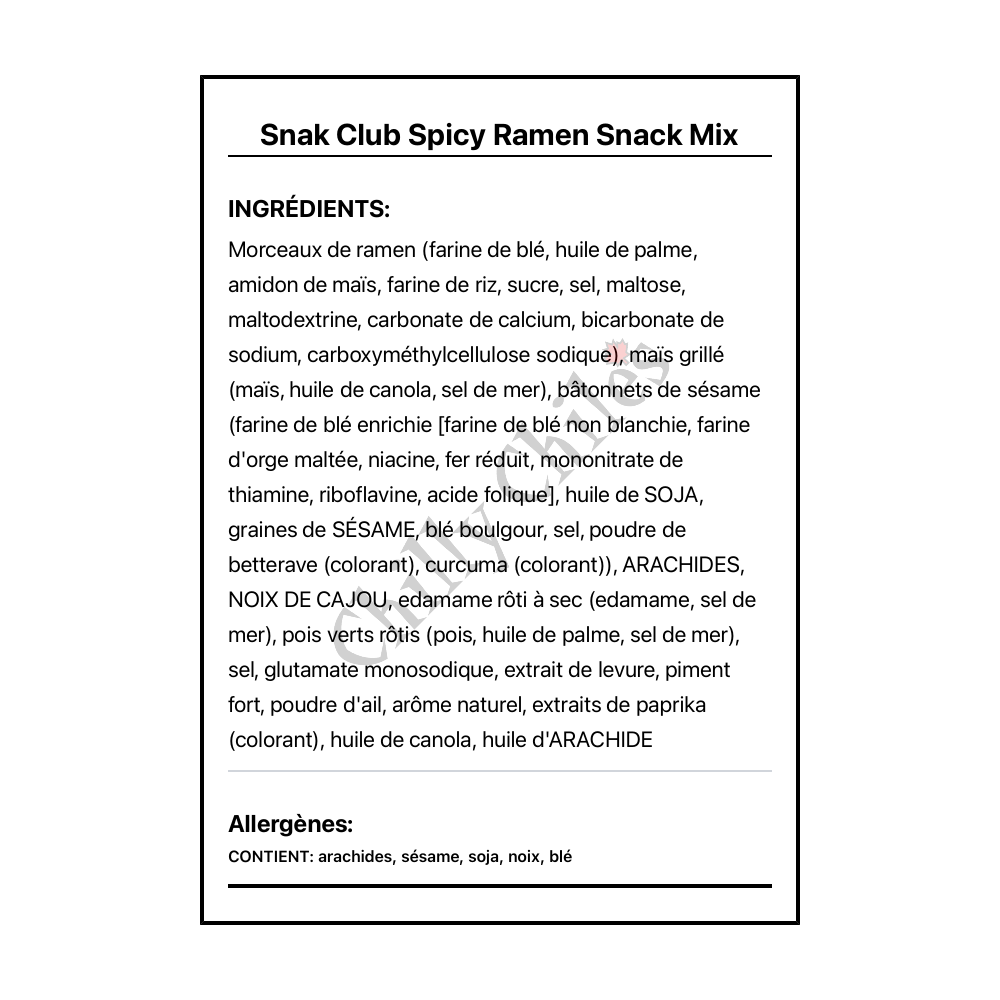 Snak Club Spicy Ramen Snack Mix - Ingrédients Français