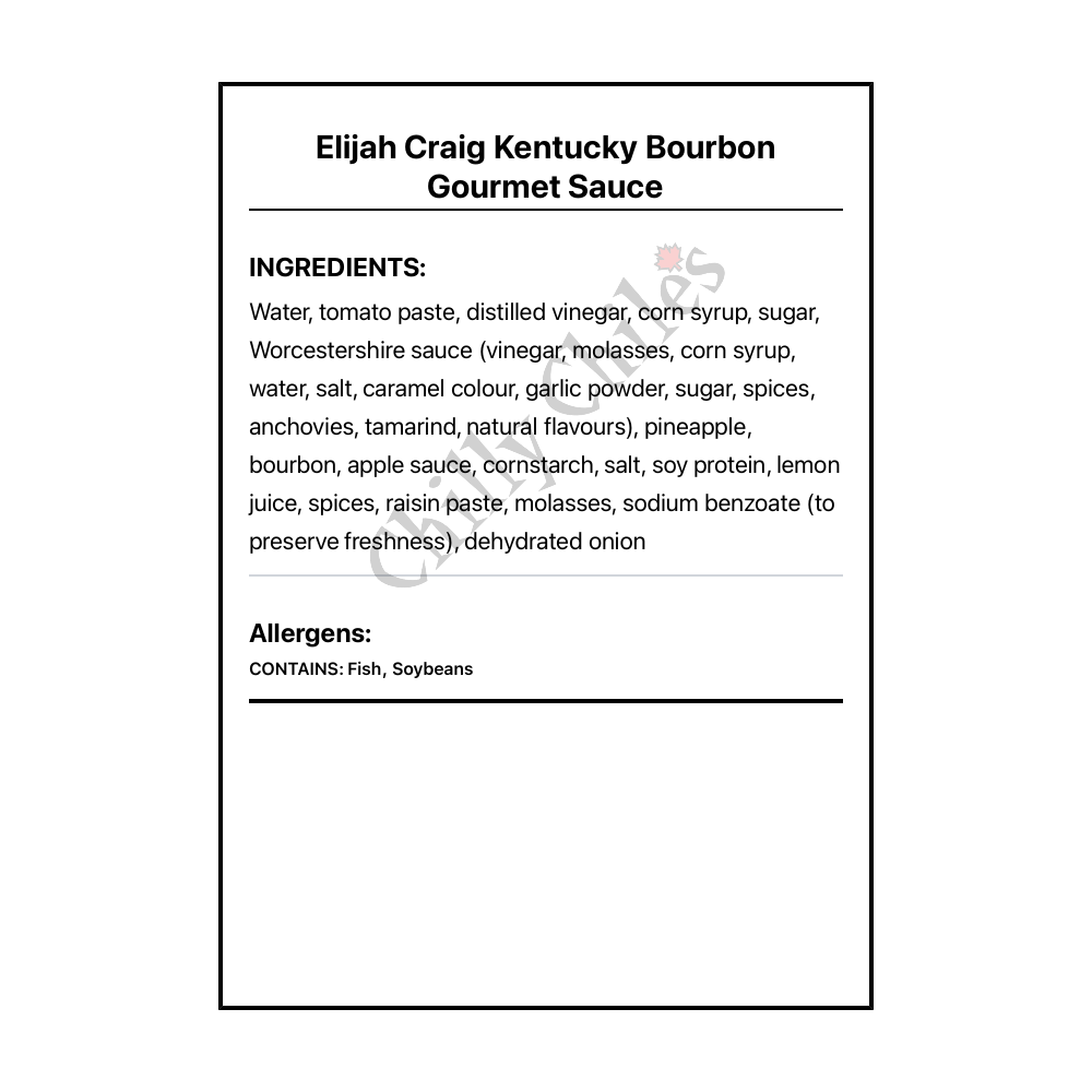 Elijah Craig Kentucky Bourbon Gourmet Sauce - Bilingual Ingredients