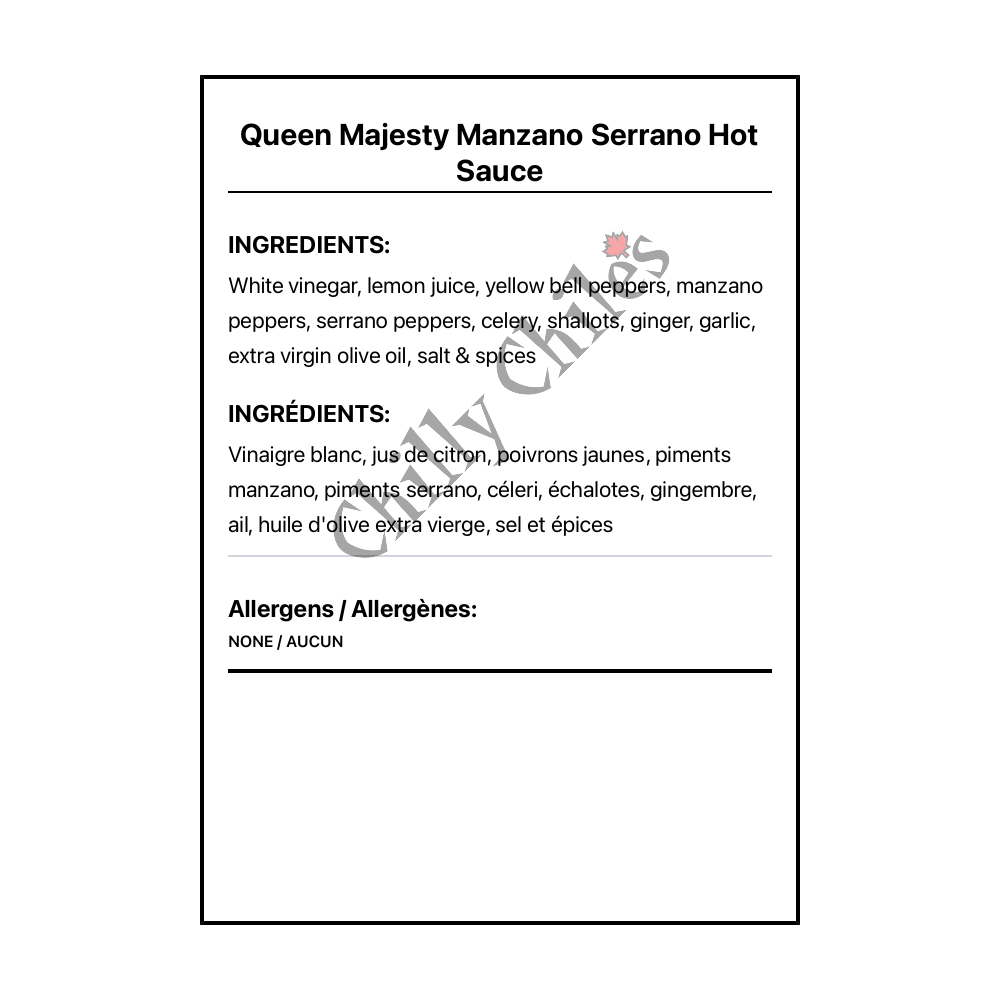 Queen Majesty Manzano Serrano Hot Sauce - Bilingual Ingredients