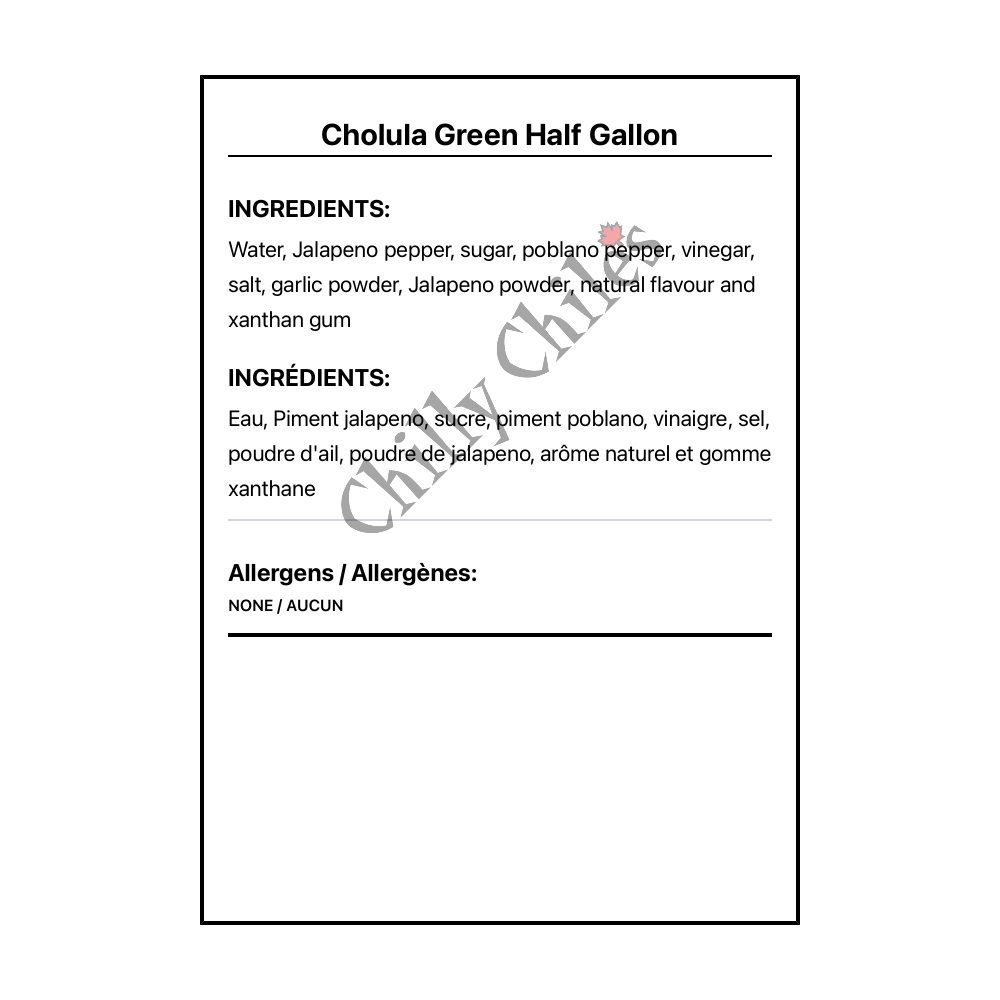 Cholula Green Half Gallon - Bilingual Ingredients