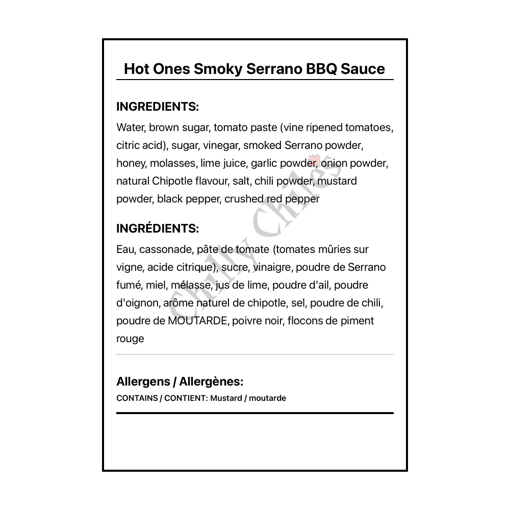 Hot Ones Smoky Serrano BBQ Sauce - Bilingual Ingredients