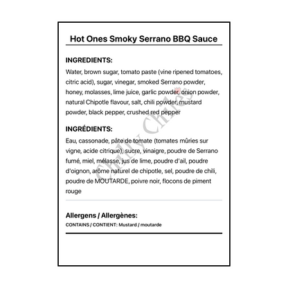 Hot Ones Smoky Serrano BBQ Sauce - Bilingual Ingredients