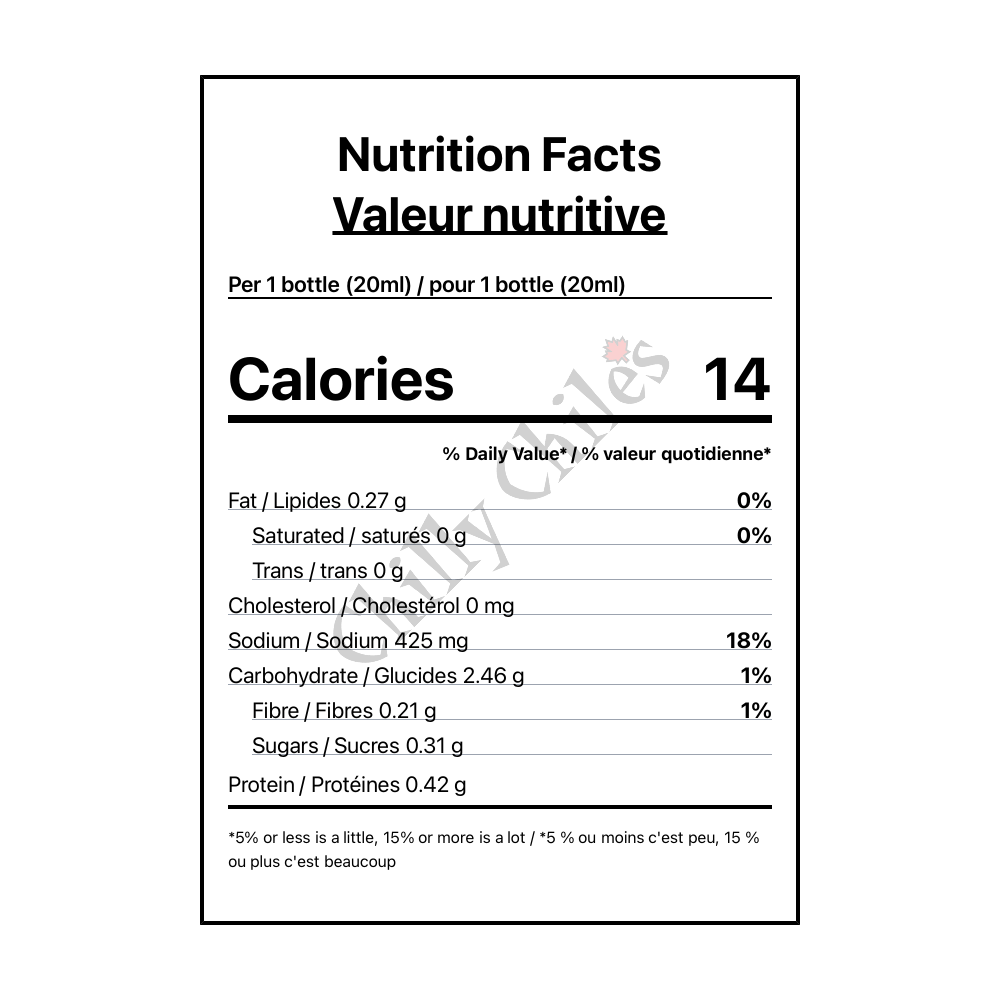 Jolochip World's Hottest Hot Sauce - Canadian Nutrition Facts