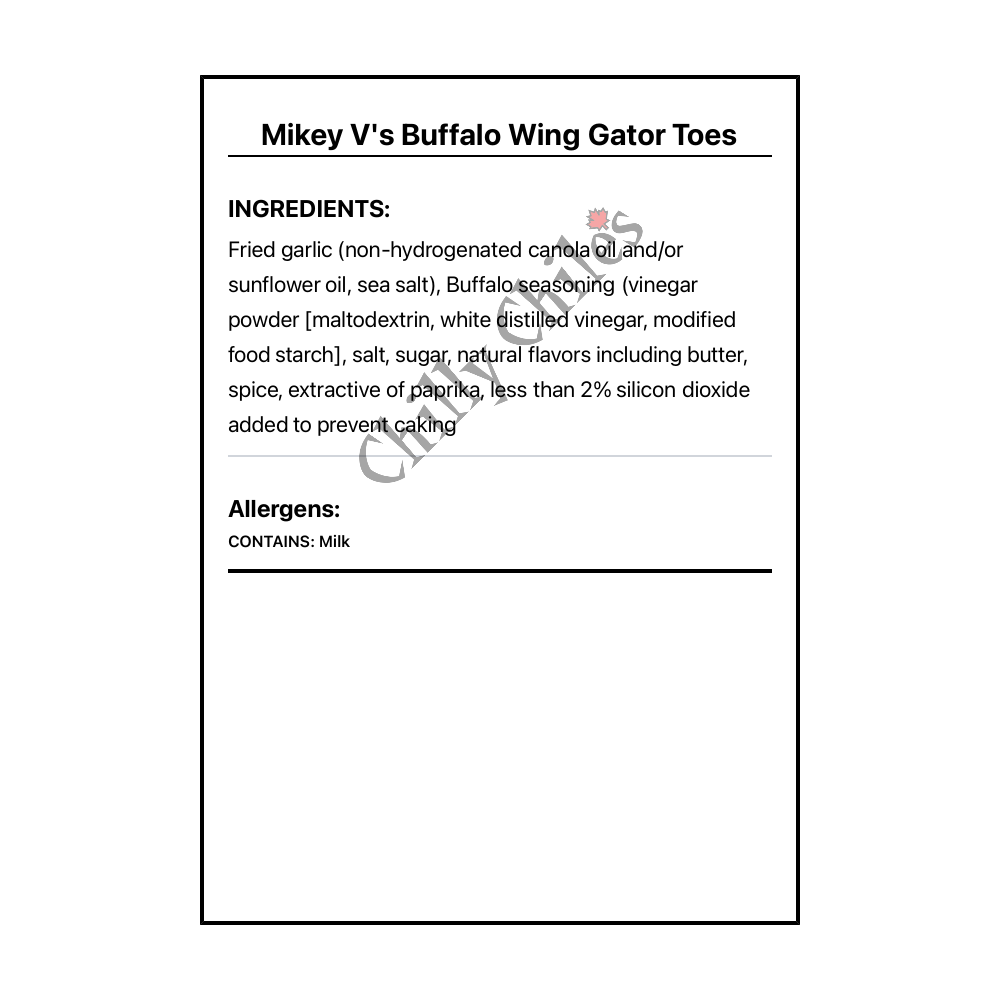 Mikey V's Buffalo Wing Gator Toes - Bilingual Ingredients