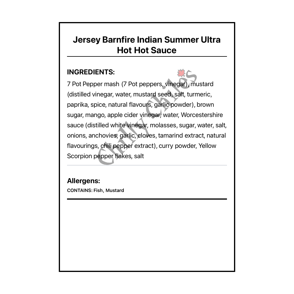 Jersey Barnfire Indian Summer Ultra Hot Hot Sauce - Bilingual Ingredients