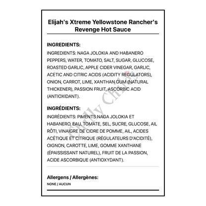 Elijah's Xtreme Yellowstone Rancher's Revenge Hot Sauce - Bilingual Ingredients