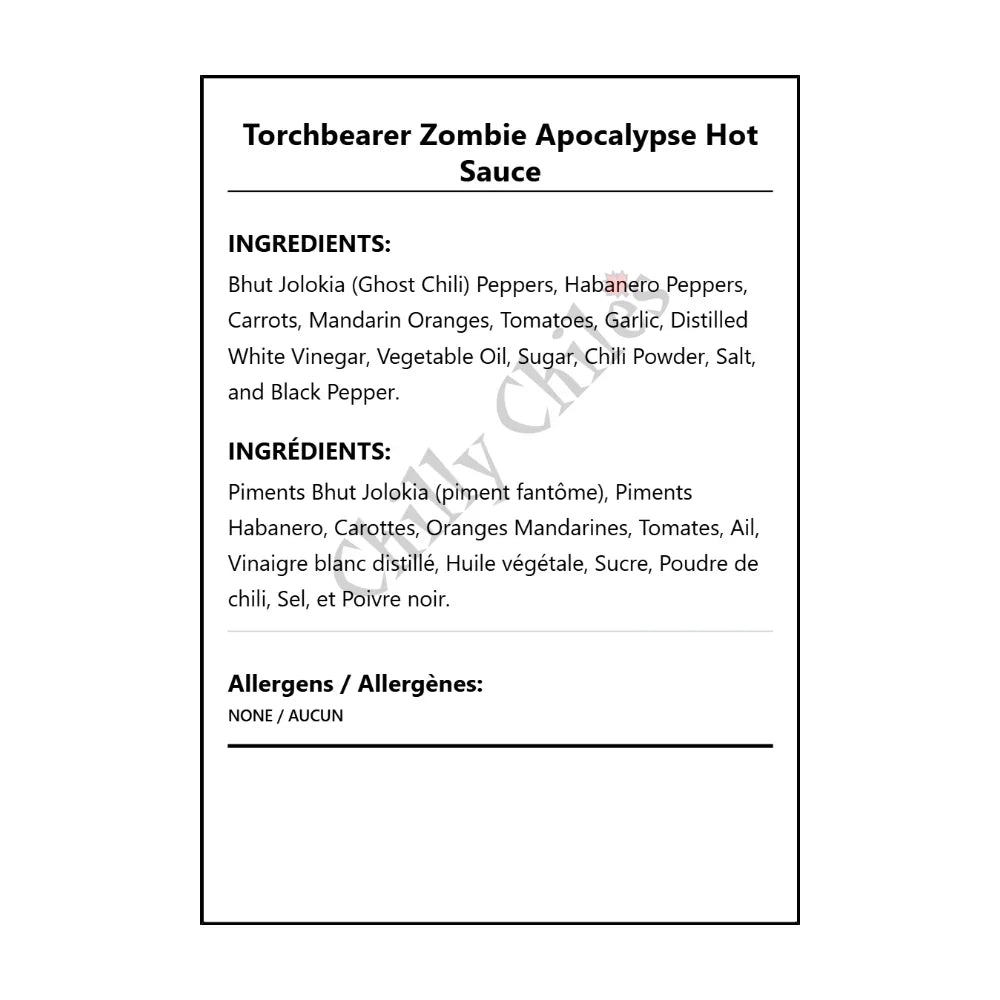 Torchbearer Zombie Apocalypse Hot Sauce - Bilingual Ingredients