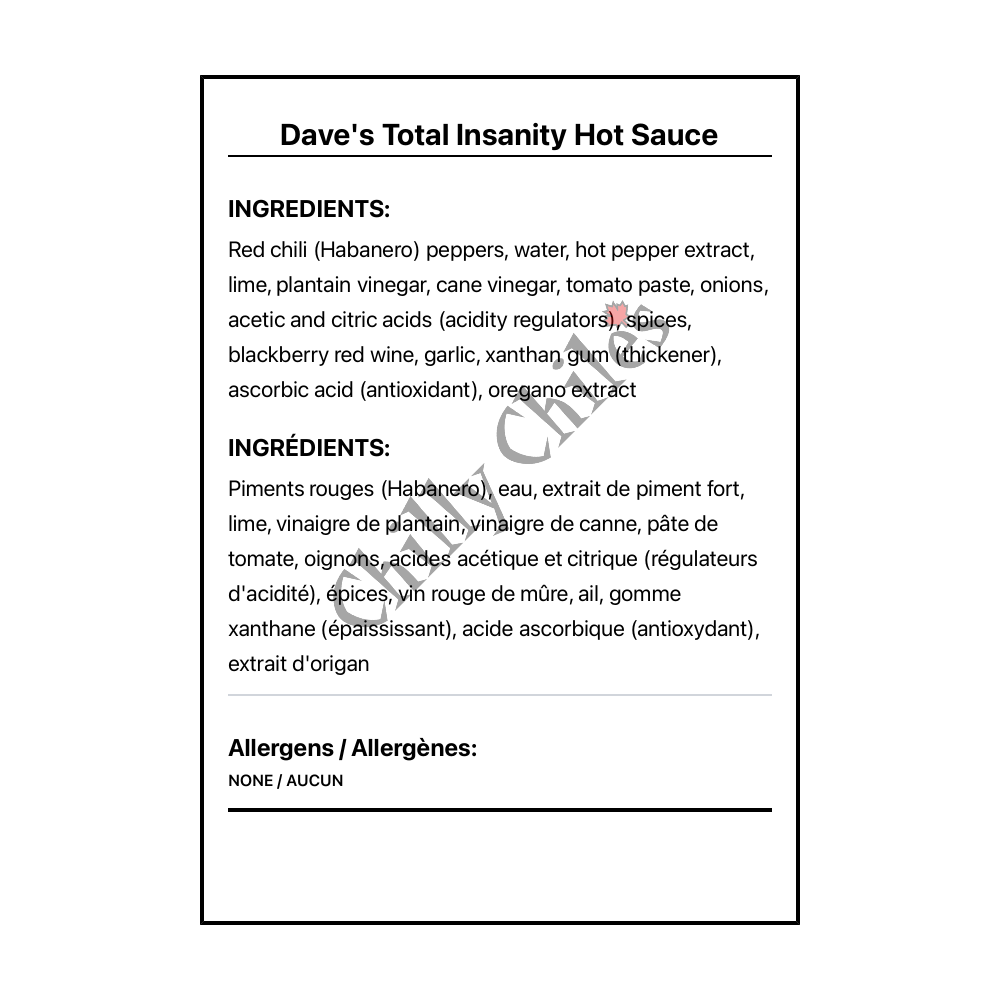 Dave's Total Insanity Hot Sauce - Bilingual Ingredients