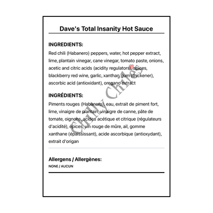 Dave's Total Insanity Hot Sauce - Bilingual Ingredients