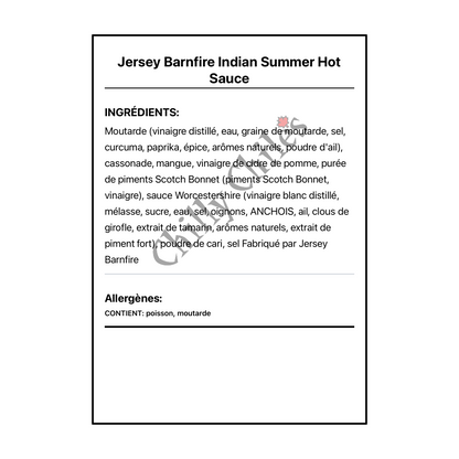 Jersey Barnfire Indian Summer Hot Sauce - Ingrédients Français