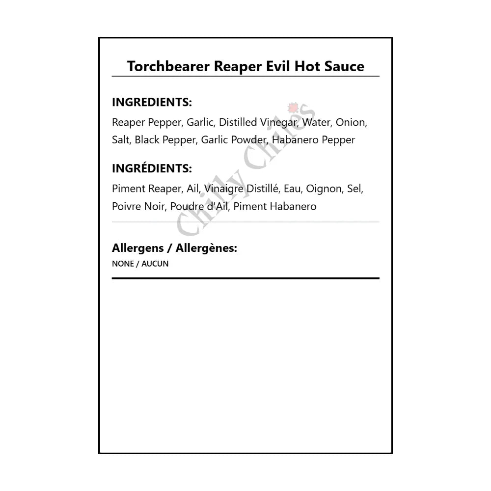 Torchbearer Reaper Evil Hot Sauce - Bilingual Ingredients