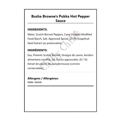 Busha Browne's Pukka Hot Pepper Sauce - Bilingual Ingredients