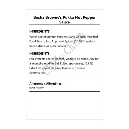 Busha Browne's Pukka Hot Pepper Sauce - Bilingual Ingredients