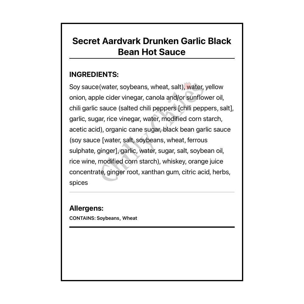 Secret Aardvark Drunken Garlic Black Bean Hot Sauce - Bilingual Ingredients