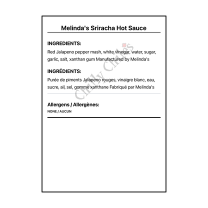 Melinda's Sriracha Hot Sauce - Bilingual Ingredients