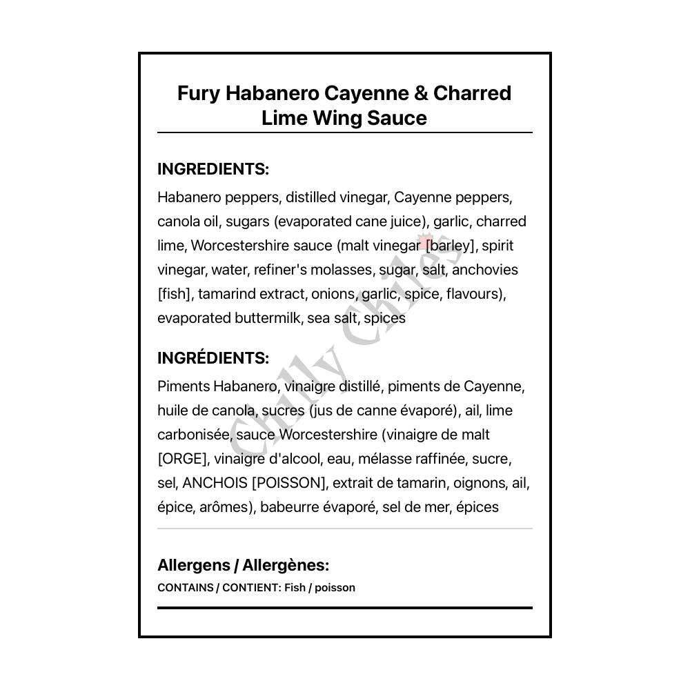 Fury Habanero Cayenne & Charred Lime Wing Sauce - Bilingual Ingredients