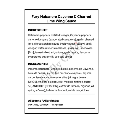 Fury Habanero Cayenne & Charred Lime Wing Sauce - Bilingual Ingredients