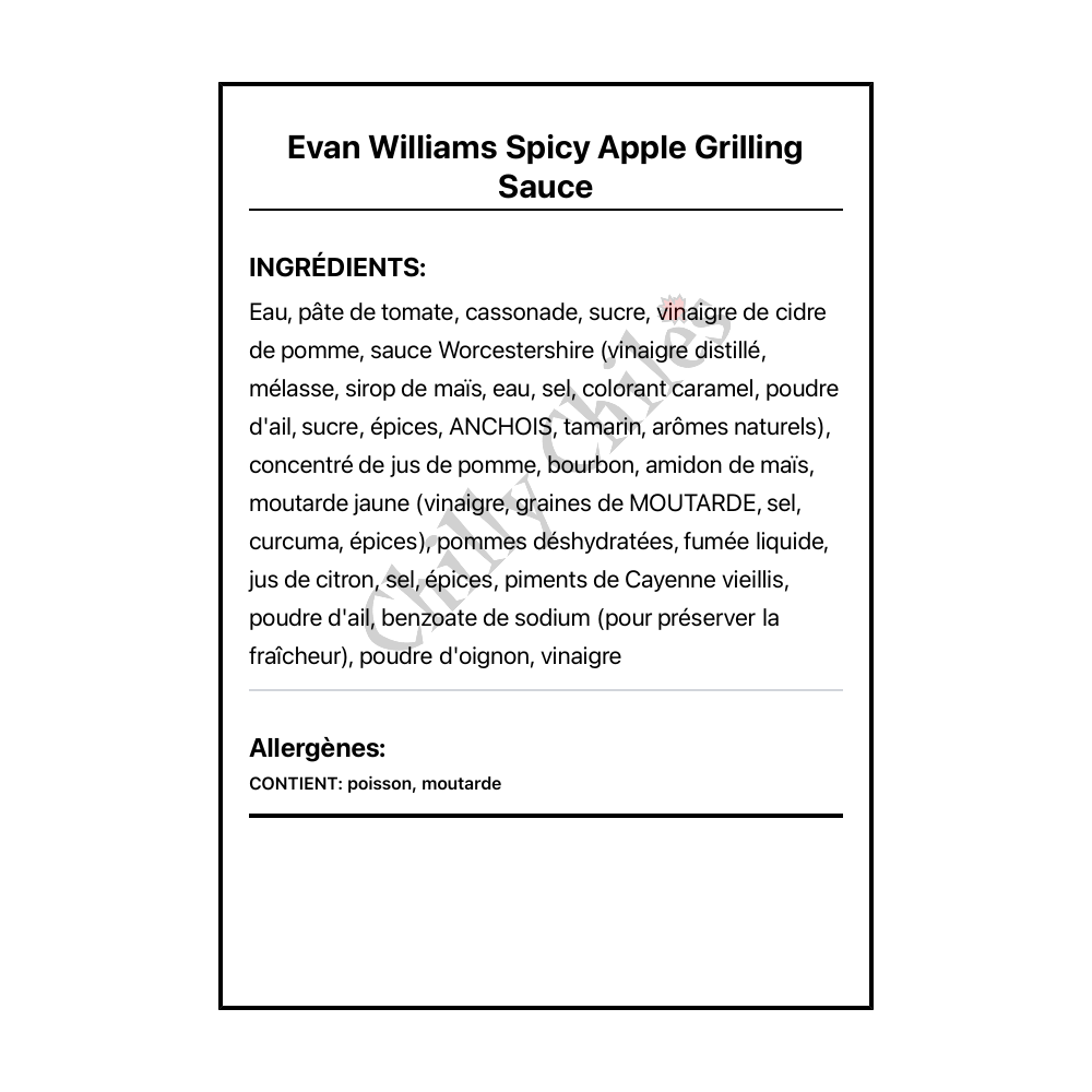 Evan Williams Spicy Apple Grilling Sauce - Ingrédients Français