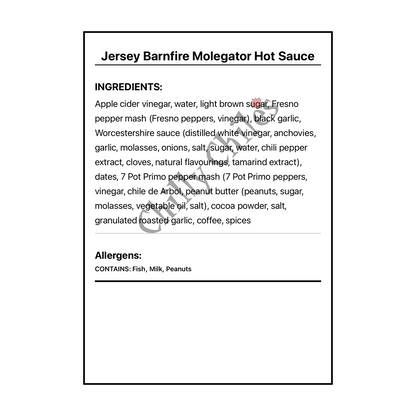 Jersey Barnfire Molegator Hot Sauce - Bilingual Ingredients