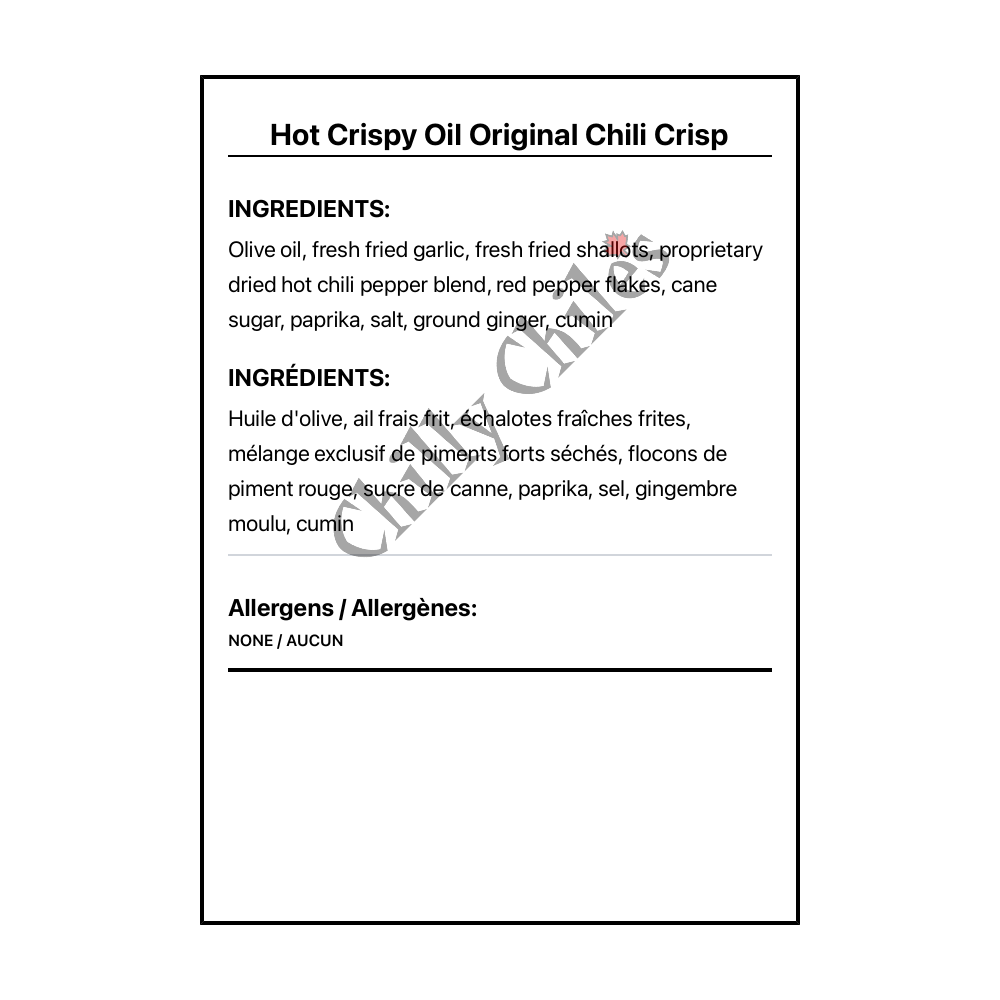 Hot Crispy Oil Original Chili Crisp - Bilingual Ingredients