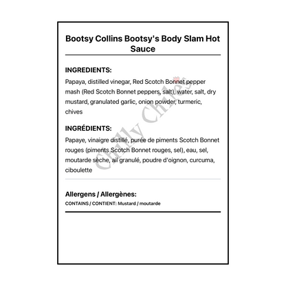 Bootsy Collins Bootsy's Body Slam Hot Sauce - Bilingual Ingredients