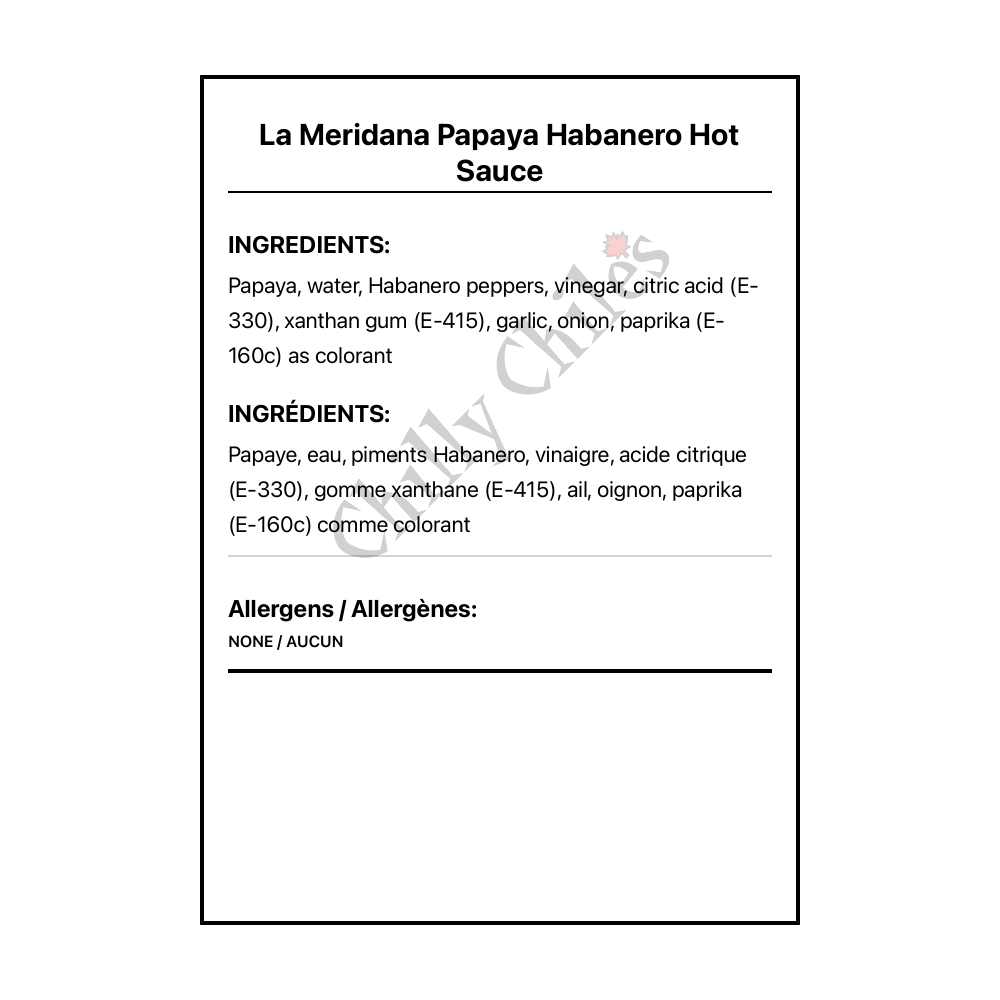 La Meridana Papaya Habanero Hot Sauce - Bilingual Ingredients