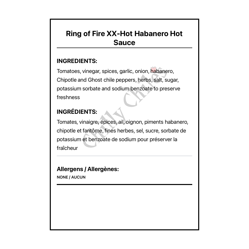 Ring of Fire XX-Hot Habanero Hot Sauce - Bilingual Ingredients