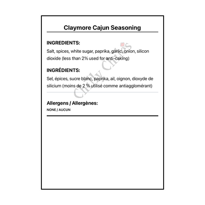 Claymore Cajun Seasoning - Bilingual Ingredients